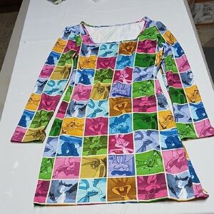 Looney Tunes Bugs Bunny Multicolor Block Print Long Sleeve Mini Dress Official L